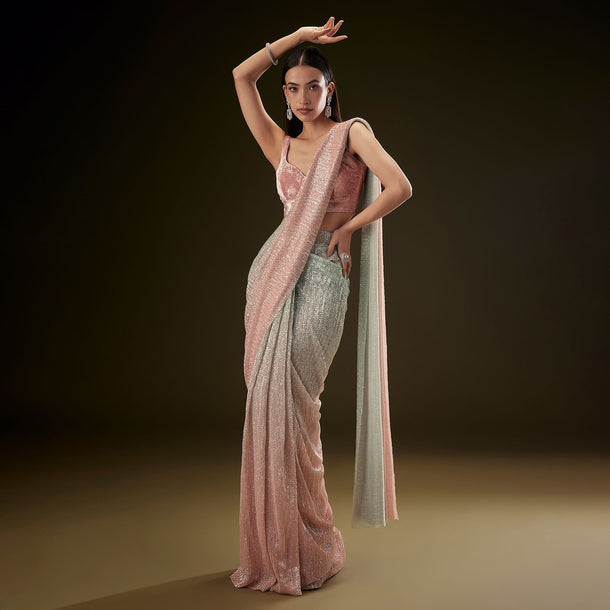 Pink Ombre Sequence Ready To Wear Saree With Velvet Blouse