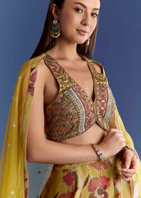 Yellow Tissue Lehenga Set With Zardosi Choli And Sequins Dupatta
