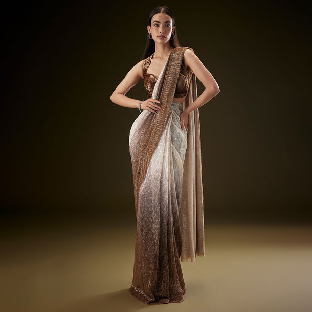 Brown Ombre Sequence Ready To Wear Saree With Velvet Blouse