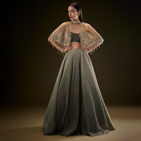 Bottle Green Crush Lehenga With Choker Style Cape