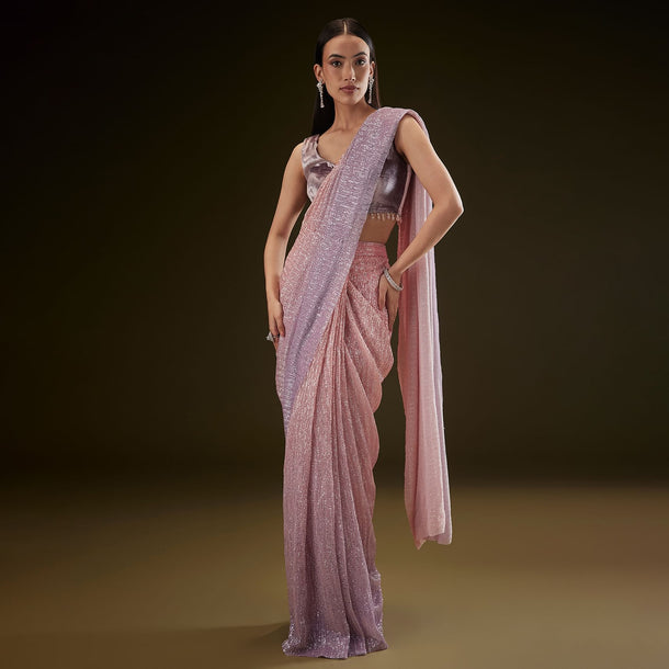 Purple Ombre Ready Draped Sequin Saree With Fancy Blouse