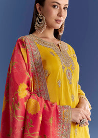 Yellow Tissue Kurta Set With Zari Palazzo And Floral Dupatta