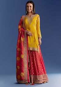 Yellow Tissue Kurta Set With Zari Palazzo And Floral Dupatta