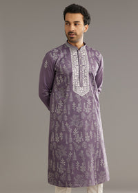 Purple Silk Vine Motif Printed Kurta Set With Thread Work