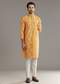 Yellow Silk Kurta Set With Print Work
