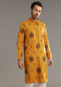 Yellow Silk Kurta Set With Artistic Print