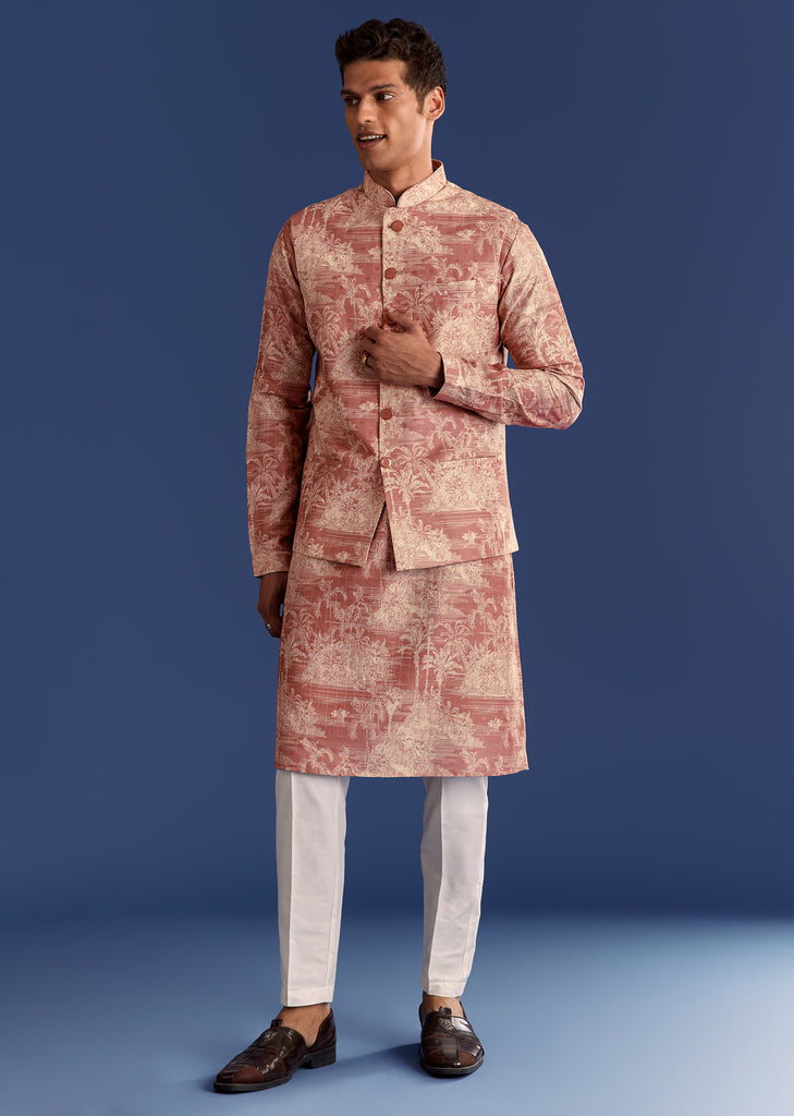Rust Cotton Silk Kurta Jacket Set With Coastal Print