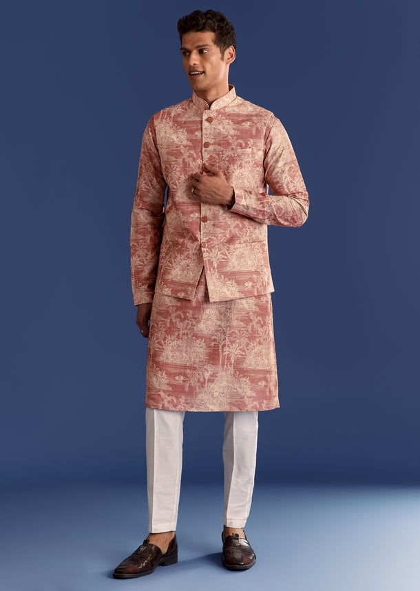 Rust Cotton Silk Kurta Jacket Set With Coastal Print