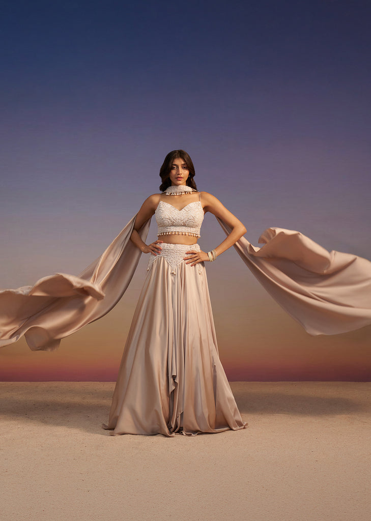 Beige Frill Skirt And Embroidered Blouse Set With Choker Dupatta