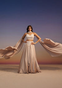 Beige Frill Skirt And Embroidered Blouse Set With Choker Dupatta