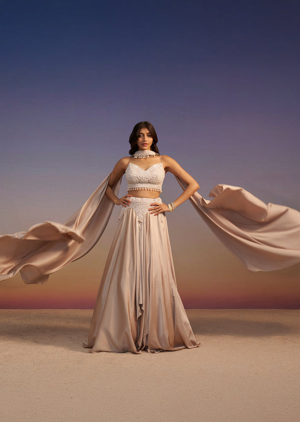 Beige Frill Skirt And Embroidered Blouse Set With Choker Dupatta