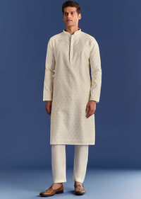 Beige Benaras Jacquard Kurta Set With Print