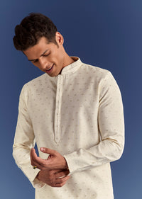 Beige Benaras Jacquard Kurta Set With Print