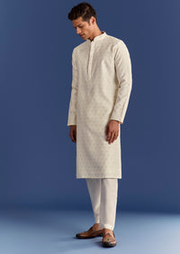 Beige Benaras Jacquard Kurta Set With Print