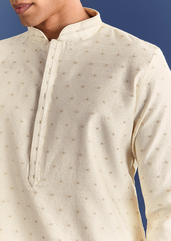 Beige Benaras Jacquard Kurta Set With Print