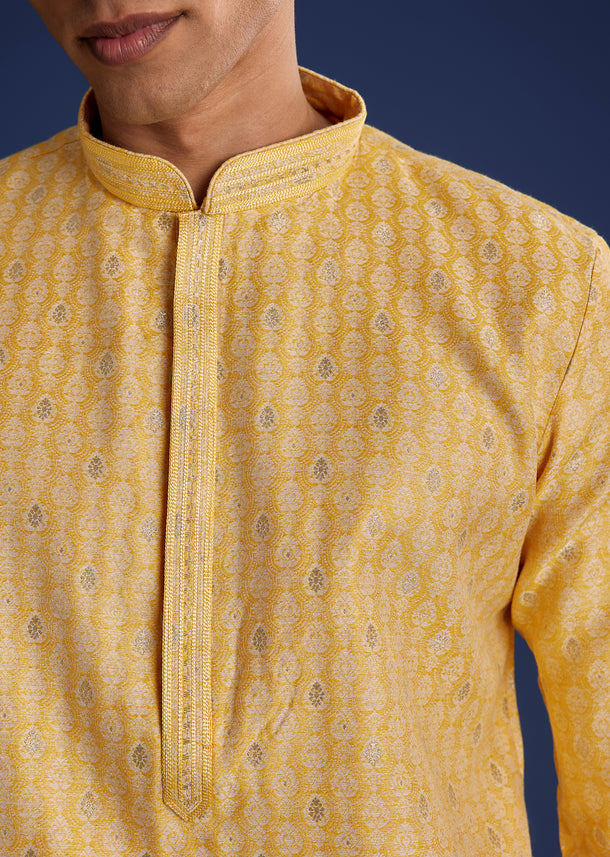 Yellow Benaras Jacquard Kurta Set With Print