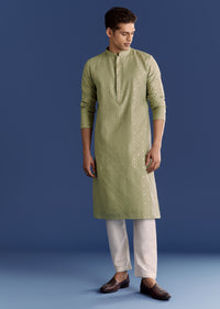 Green Benaras Jacquard Kurta Set With Print