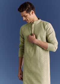 Green Benaras Jacquard Kurta Set With Print