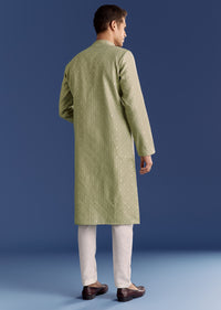 Green Benaras Jacquard Kurta Set With Print