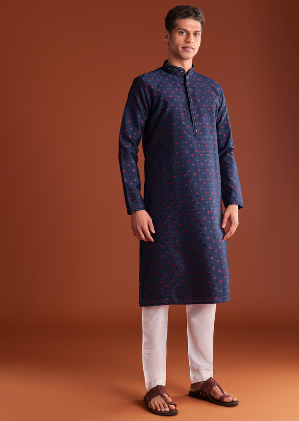 Blue Benaras Printed Jacquard Kurta Set