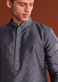 Grey Benaras Jacquard Kurta Set With Butti Print
