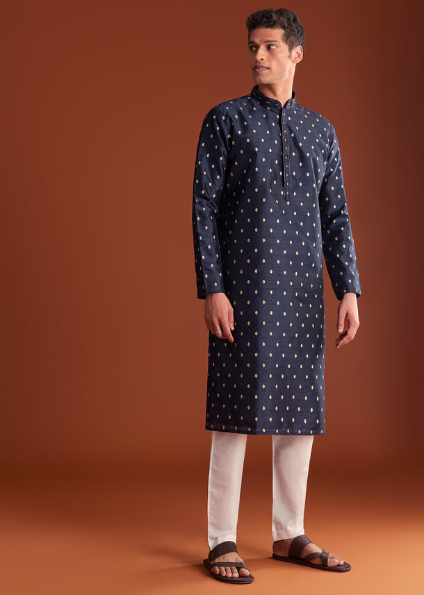 Blue Benaras Jacquard Kurta Set With Print