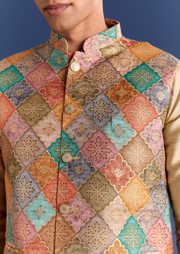 Multi Brocade Kurta Jacket Set With Symmetric Prints