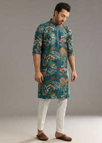 Blue Silk Printed Kurta Set With Stone Embellishment