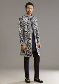 Blue Suiting Indo Western Set With Floral Embroidery