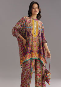 Multi Color Printed Kaftan Set With Stone and Lace Work and Matching Potli Bag