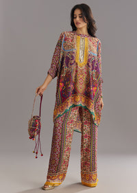 Multi Color Printed Kaftan Set With Stone and Lace Work and Matching Potli Bag