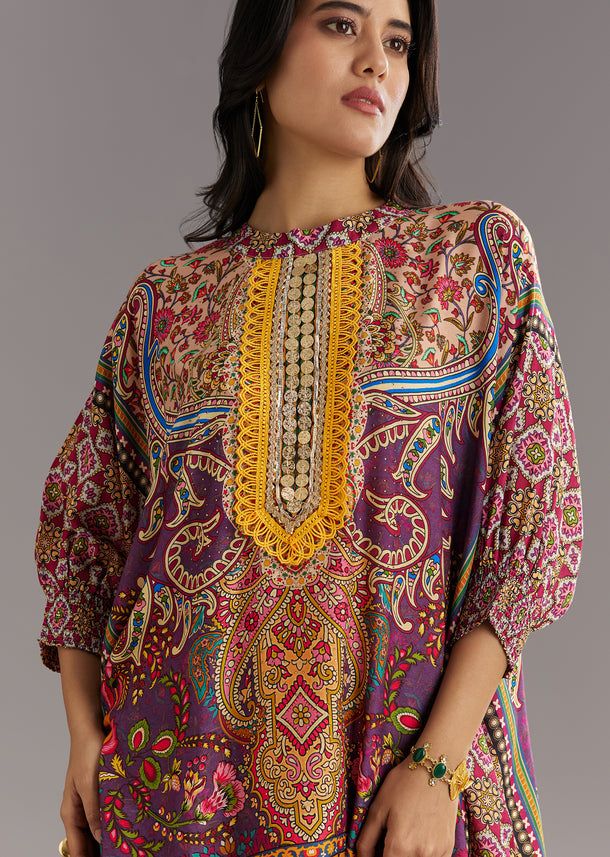 Multi Color Printed Kaftan Set With Stone and Lace Work and Matching Potli Bag