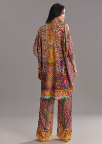 Multi Color Printed Kaftan Set With Stone and Lace Work and Matching Potli Bag