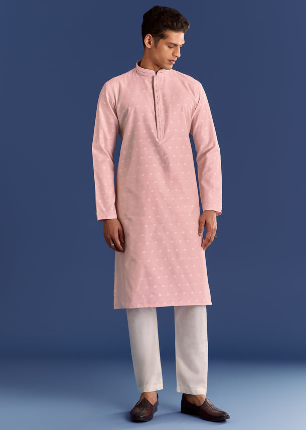 Pink Banaras Jacquard Kurta Set With Butti Print