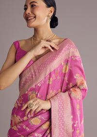 Onion Pink Dola Silk Saree With Multicolor Floral Jaal Weave