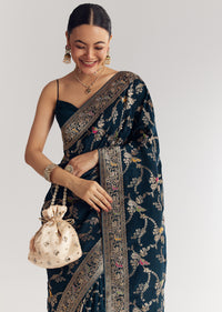 Peacok Blue Saree With Jaal Work And Embellished Stones All Over