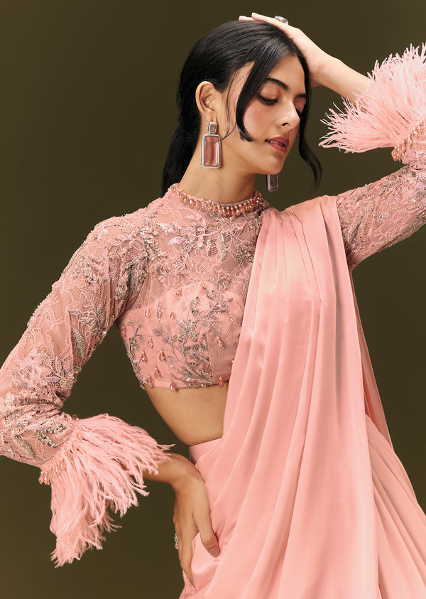 Baby Pink Ready To Wear Satin Saree With High Neck Full Sleeve Blouse