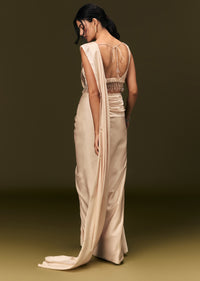 Ivory Crepe Pre Stitched Saree With Crystal And Moti Detailing