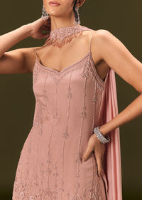 Dusty Pink Chinon Embroidered Kurti With Flared Pant And Choker Dupatta