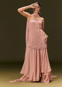 Dusty Pink Chinon Embroidered Kurti With Flared Pant And Choker Dupatta