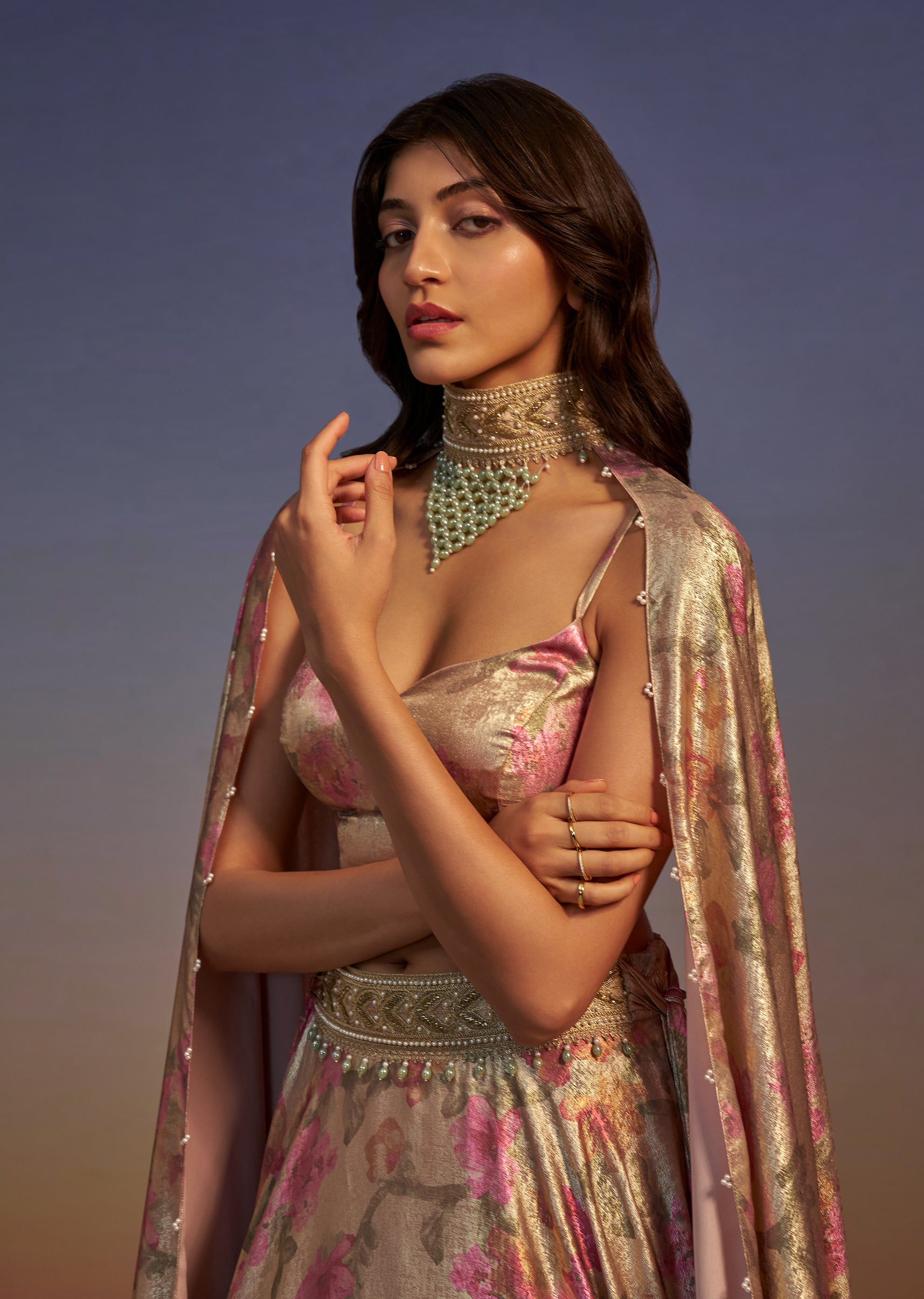 Gold Floral Printed Lehenga Set With Necklace Style Choker Dupatta