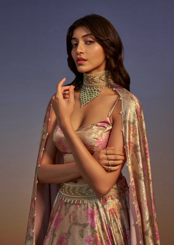 Gold Floral Printed Lehenga Set With Necklace Style Choker Dupatta