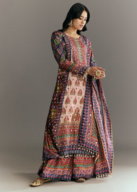 Cream Blue Tabby Silk Printed Kurta Palazzo With Dupatta