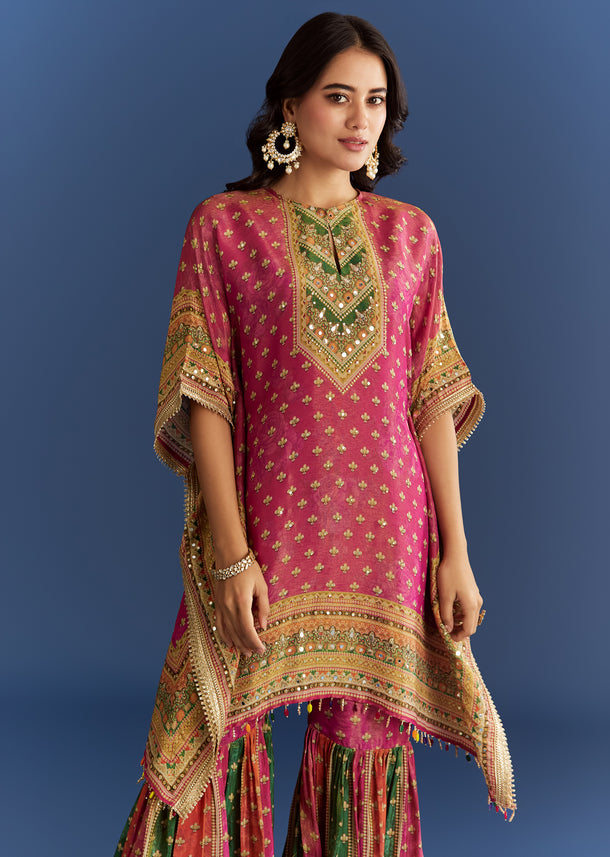 Pink Tissue Mirror Stone Embroidered Kurta With Printed Sharara