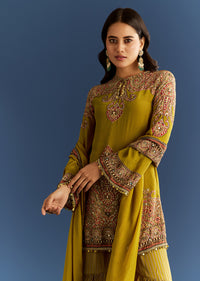 Mehendi Green Crepe Printed Kurta With Printed Sharara And Chinon Dupatta