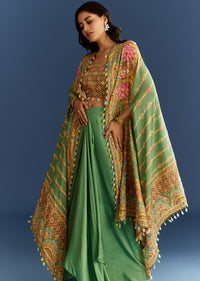 Light Aqua Green Cotton Muslin Printed Croptop Cape Suit