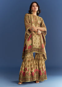 Beige Crush Tissue Floral Printed Kaftaan Sharara With Mirror Sequins Work
