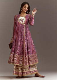 Purple Floral Printed Cotton Angrakha Style Jacket Kurta Set