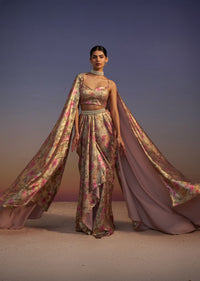 Gold Printed Drape Skirt And Blouse Set With Choker Dupatta