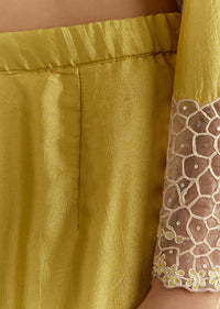 Green Thread And Sequins Work Kurta Set With Net Dupatta In Fuji Silk